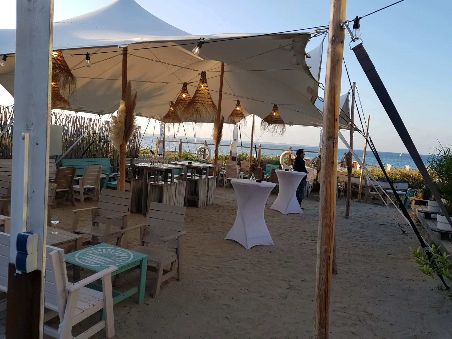 Strandbereich des Blossom Beach mit Sonnensegeln und Blick zur Ostsee